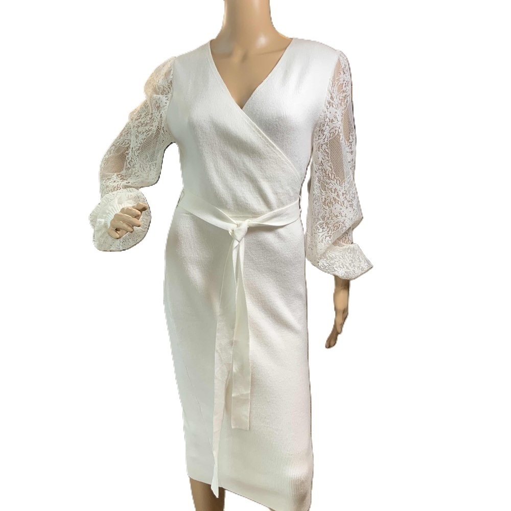 MEROKEETY White Lace Sleeve V-Neck Bodycon Sweater Dress Med Coquette Fairycore
